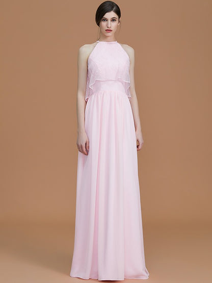 A-Line/Princess Halter Sleeveless Floor-Length Ruffles Chiffon Bridesmaid Dresses