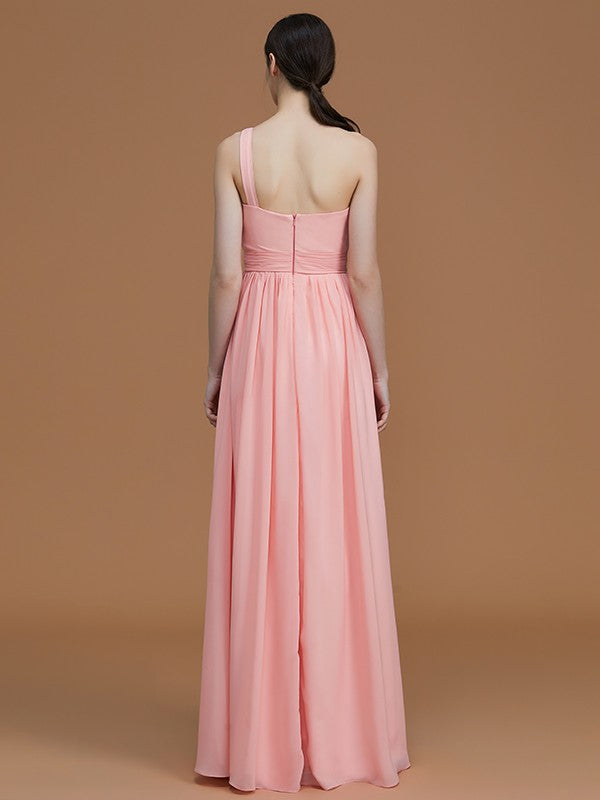 A-Line/Princess One-Shoulder Sleeveless Floor-Length Ruched Chiffon Bridesmaid Dresses