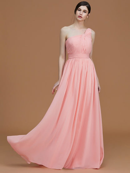 A-Line/Princess One-Shoulder Sleeveless Floor-Length Ruched Chiffon Bridesmaid Dresses