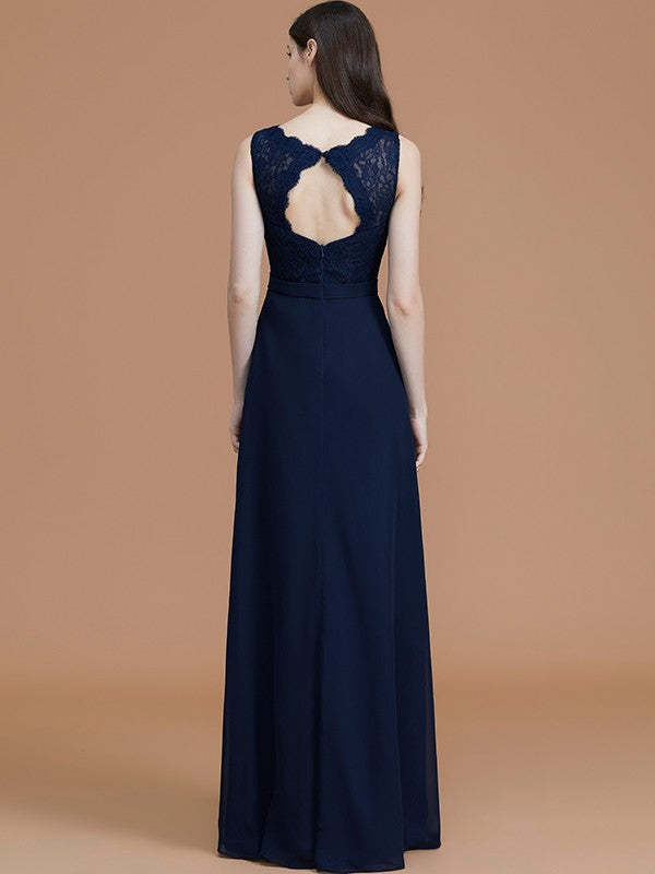 A-Line/Princess V-neck Sleeveless Floor-Length Lace Chiffon Bridesmaid Dresses