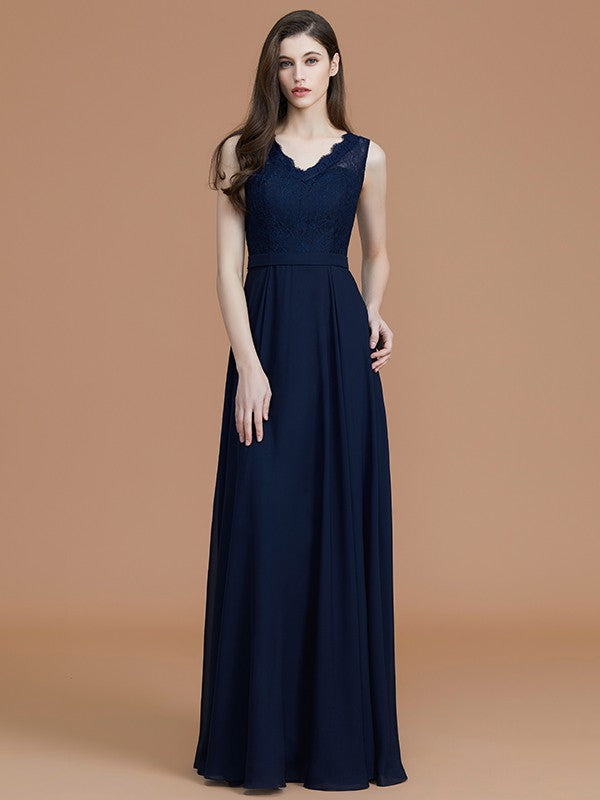 A-Line/Princess V-neck Sleeveless Floor-Length Lace Chiffon Bridesmaid Dresses