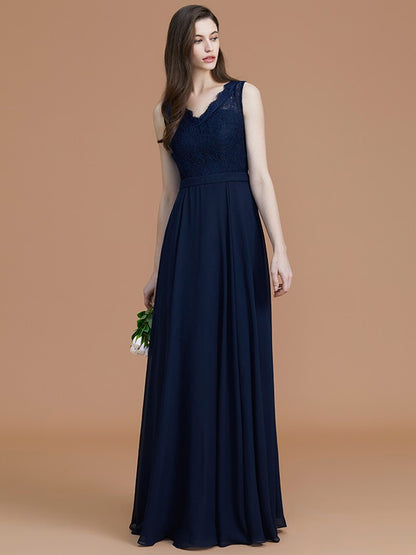 A-Line/Princess V-neck Sleeveless Floor-Length Lace Chiffon Bridesmaid Dresses