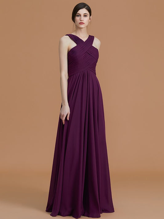 A-Line/Princess Halter Sleeveless Floor-Length Ruched Chiffon Bridesmaid Dresses