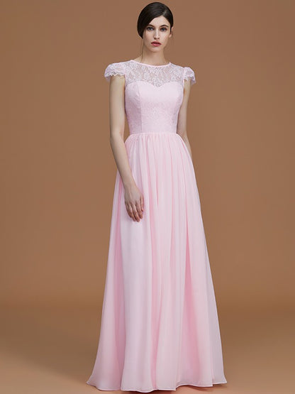 A-Line/Princess Jewel Short Sleeves Floor-Length Lace Chiffon Bridesmaid Dresses