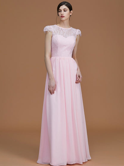 A-Line/Princess Jewel Short Sleeves Floor-Length Lace Chiffon Bridesmaid Dresses