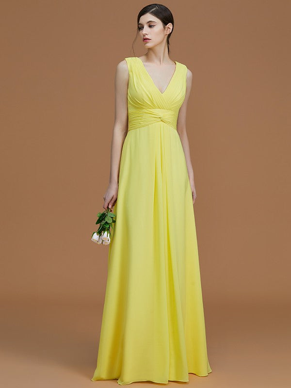 A-Line/Princess V-neck Sleeveless Floor-Length Ruched Chiffon Bridesmaid Dresses