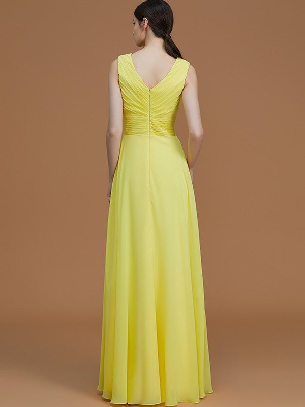 A-Line/Princess V-neck Sleeveless Floor-Length Ruched Chiffon Bridesmaid Dresses