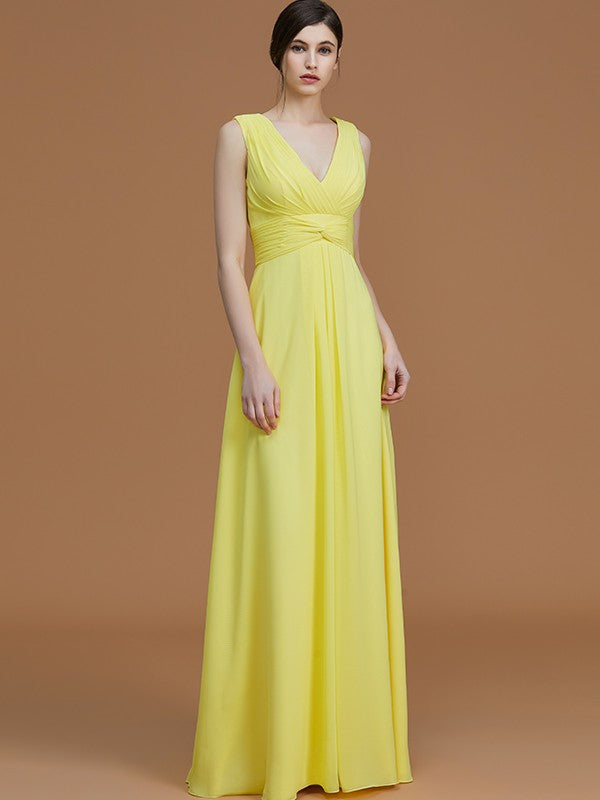 A-Line/Princess V-neck Sleeveless Floor-Length Ruched Chiffon Bridesmaid Dresses