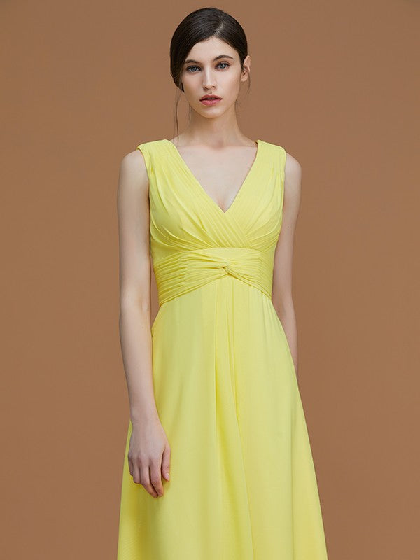 A-Line/Princess V-neck Sleeveless Floor-Length Ruched Chiffon Bridesmaid Dresses