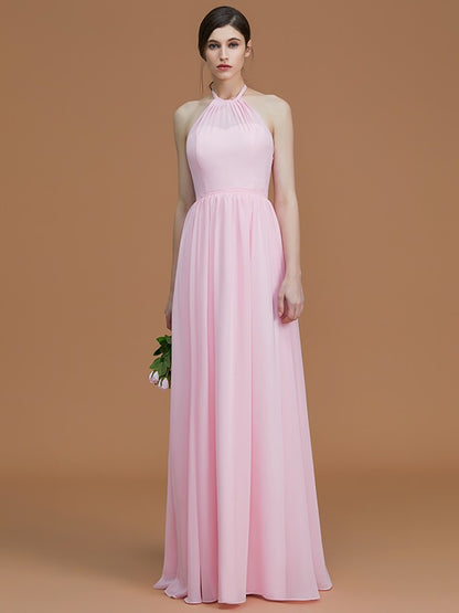 A-Line/Princess Halter Sleeveless Floor-Length Ruched Chiffon Bridesmaid Dresses