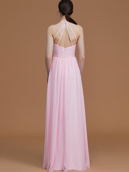 A-Line/Princess Halter Sleeveless Floor-Length Ruched Chiffon Bridesmaid Dresses