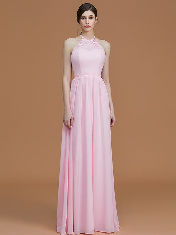 A-Line/Princess Halter Sleeveless Floor-Length Ruched Chiffon Bridesmaid Dresses