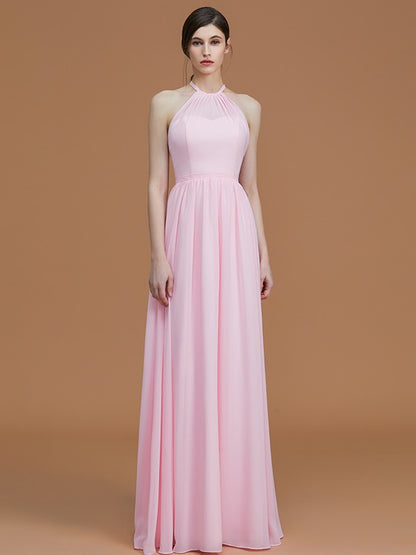 A-Line/Princess Halter Sleeveless Floor-Length Ruched Chiffon Bridesmaid Dresses