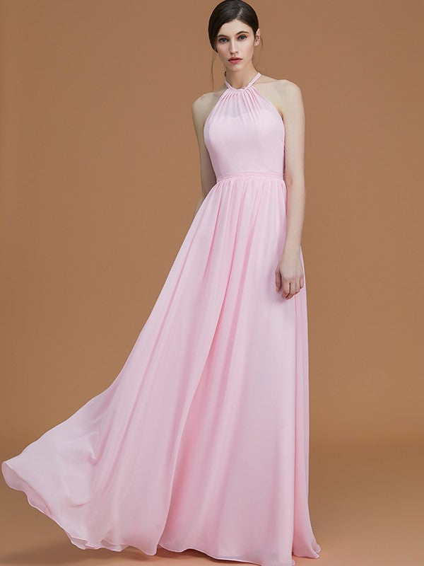 A-Line/Princess Halter Sleeveless Floor-Length Ruched Chiffon Bridesmaid Dresses