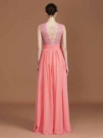 A-Line/Princess Jewel Sleeveless Lace Floor-Length Chiffon Bridesmaid Dresses