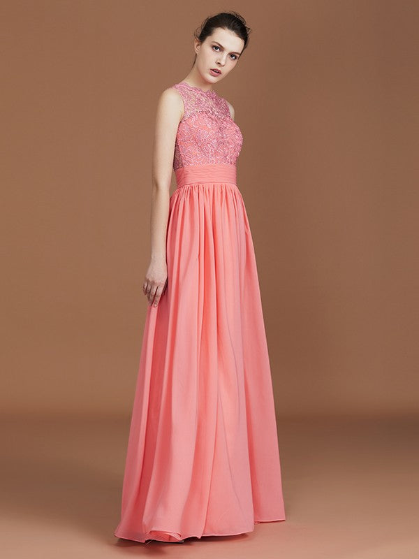 A-Line/Princess Jewel Sleeveless Lace Floor-Length Chiffon Bridesmaid Dresses