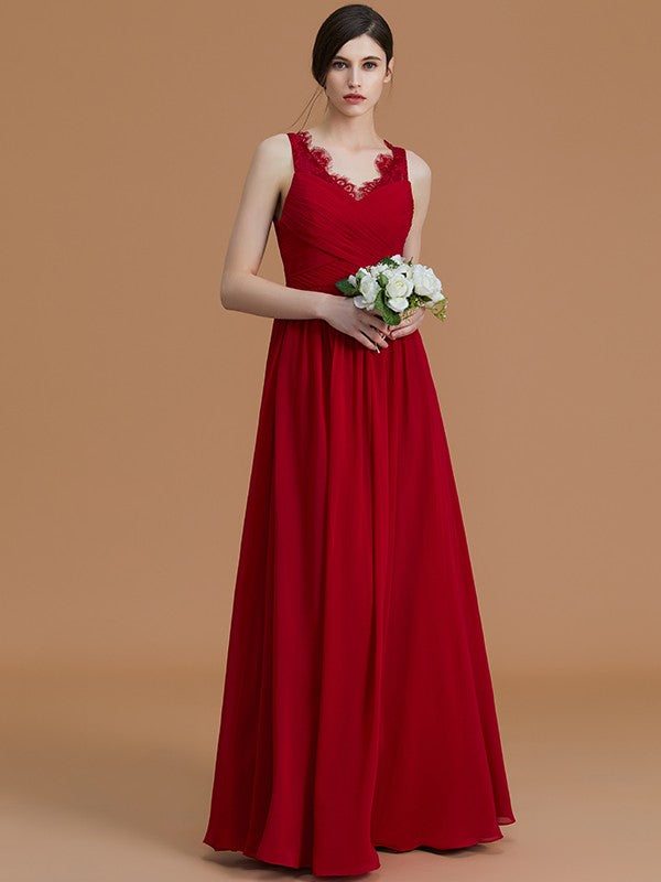 A-Line/Princess V-neck Sleeveless Floor-Length Ruffles Chiffon Bridesmaid Dresses