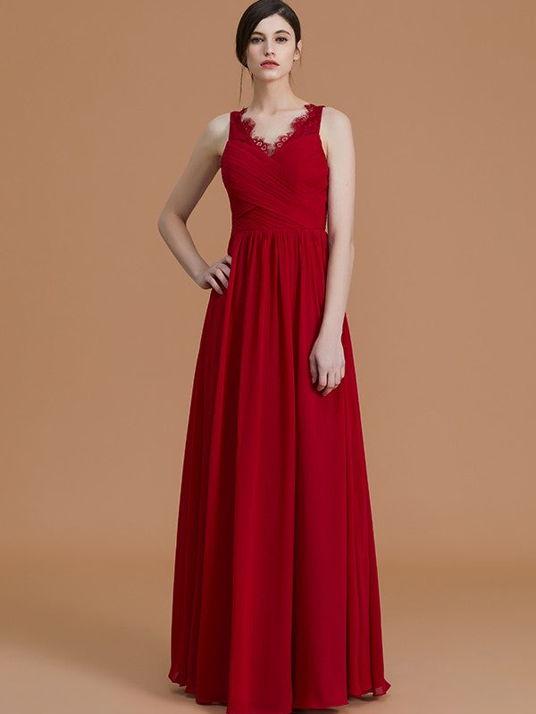 A-Line/Princess V-neck Sleeveless Floor-Length Ruffles Chiffon Bridesmaid Dresses