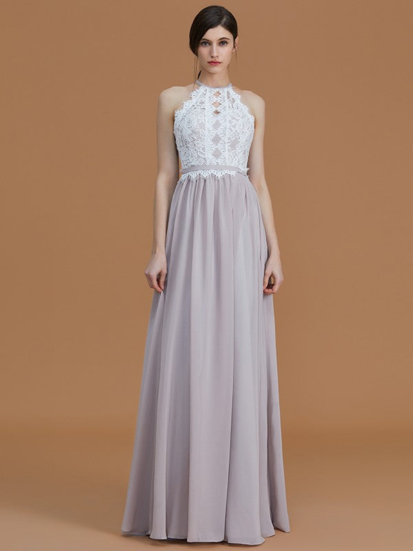 A-Line/Princess Halter Sleeveless Floor-Length Lace Chiffon Bridesmaid Dresses