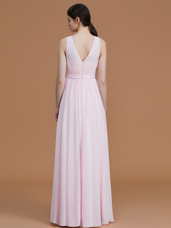 A-Line/Princess Jewel Sleeveless Floor-Length Ruched Chiffon Bridesmaid Dresses