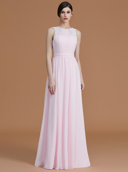 A-Line/Princess Jewel Sleeveless Floor-Length Ruched Chiffon Bridesmaid Dresses