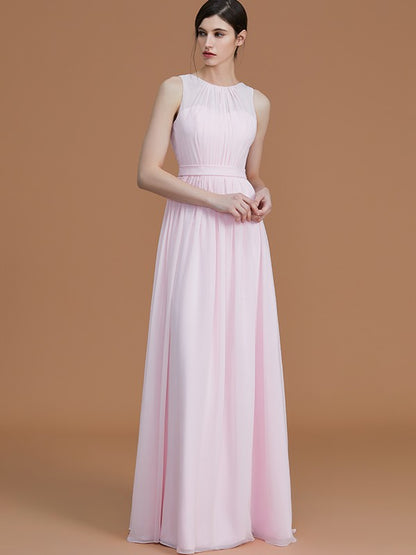 A-Line/Princess Jewel Sleeveless Floor-Length Ruched Chiffon Bridesmaid Dresses