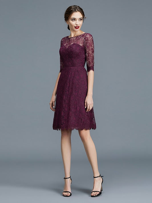 A-Line/Princess Bateau 1/2 Sleeves Knee-Length Lace Satin Bridesmaid Dresses