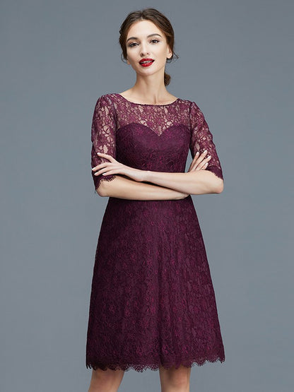 A-Line/Princess Bateau 1/2 Sleeves Knee-Length Lace Satin Bridesmaid Dresses