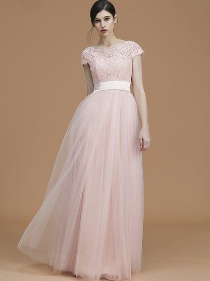 A-Line/Princess Bateau Short Sleeves Floor-Length Sash/Ribbon/Belt Tulle Bridesmaid Dresses