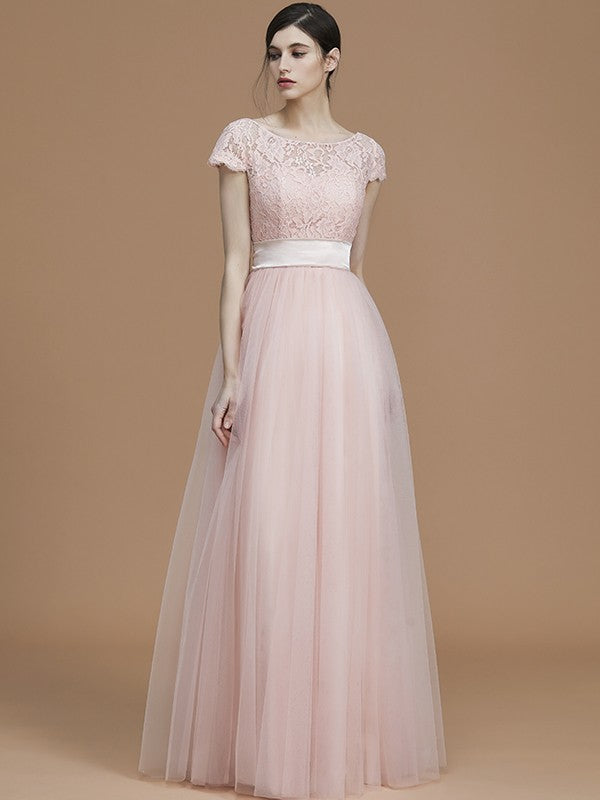 A-Line/Princess Bateau Short Sleeves Floor-Length Sash/Ribbon/Belt Tulle Bridesmaid Dresses