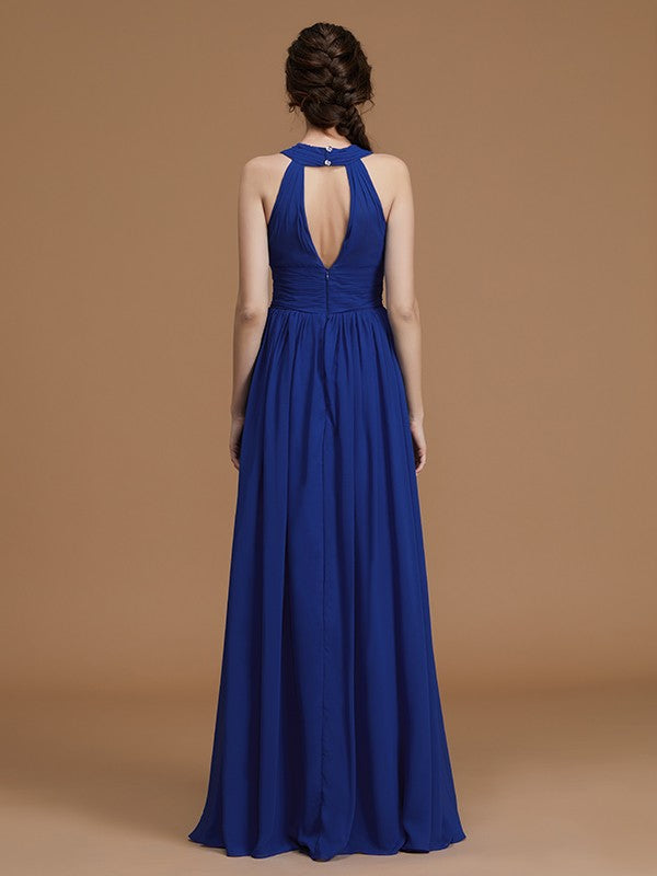 A-Line/Princess Halter Sleeveless Floor-Length Ruched Chiffon Bridesmaid Dresses