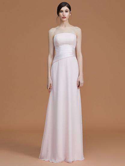 A-Line/Princess Strapless Sleeveless Floor-Length Ruched Chiffon Bridesmaid Dresses