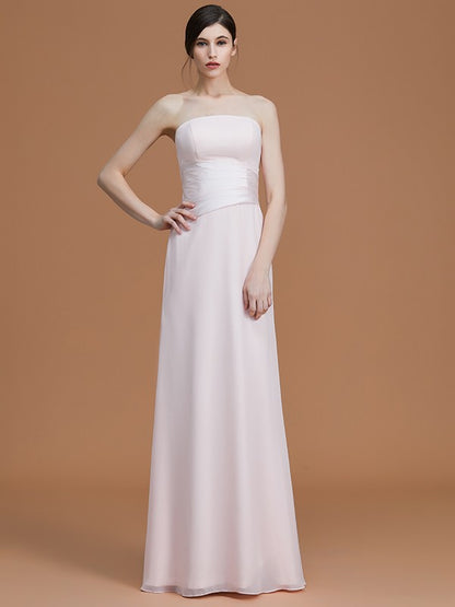 A-Line/Princess Strapless Sleeveless Floor-Length Ruched Chiffon Bridesmaid Dresses