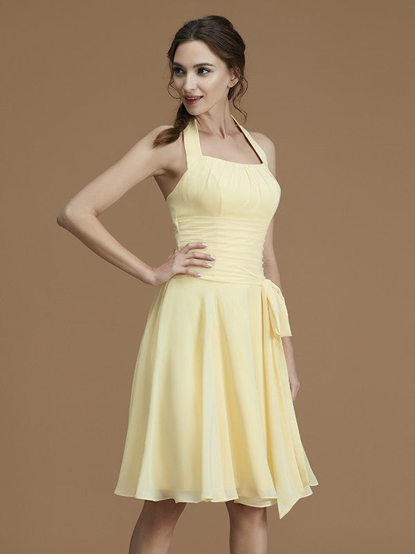 A-Line/Princess Halter Sleeveless Short/Mini Ruffles Chiffon Bridesmaid Dresses