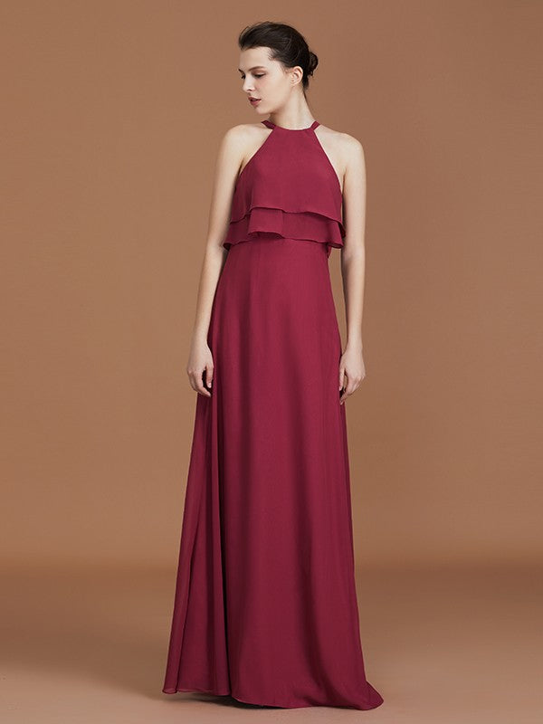 A-Line/Princess Scoop Sleeveless Floor-Length Ruffles Chiffon Bridesmaid Dress Ruffles