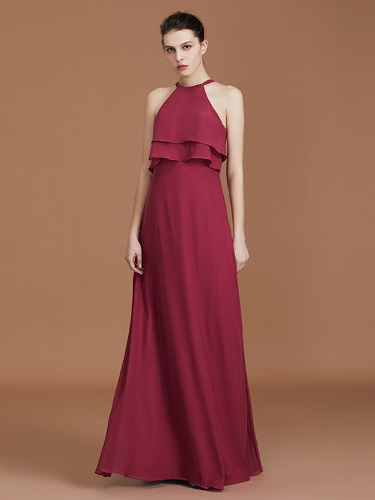 A-Line/Princess Scoop Sleeveless Floor-Length Ruffles Chiffon Bridesmaid Dress Ruffles