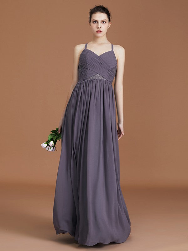 A-Line/Princess Lace Spaghetti Straps Sleeveless Floor-Length Chiffon Bridesmaid Dress