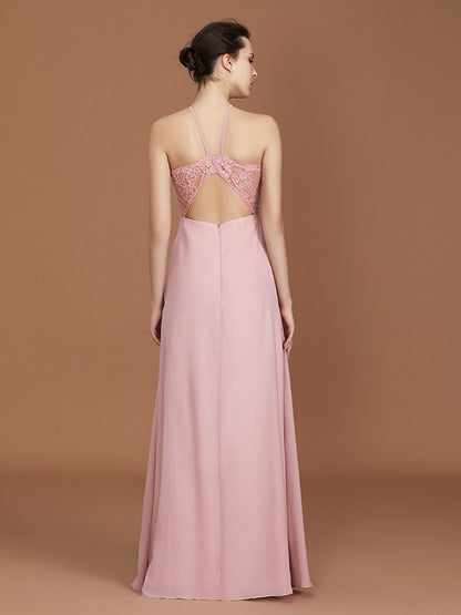 A-Line/Princess Halter Sleeveless Lace Floor-Length Chiffon Bridesmaid Dress