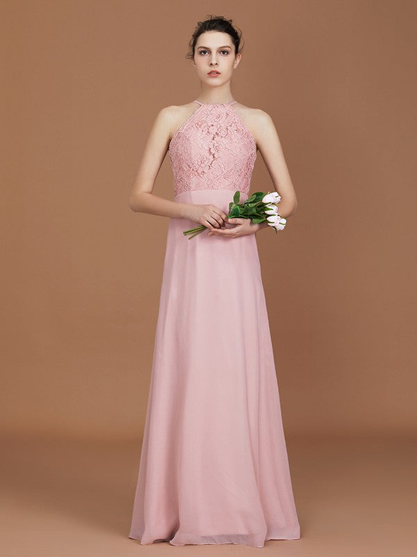 A-Line/Princess Halter Sleeveless Lace Floor-Length Chiffon Bridesmaid Dress