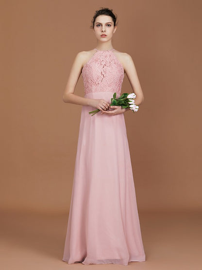 A-Line/Princess Halter Sleeveless Lace Floor-Length Chiffon Bridesmaid Dress