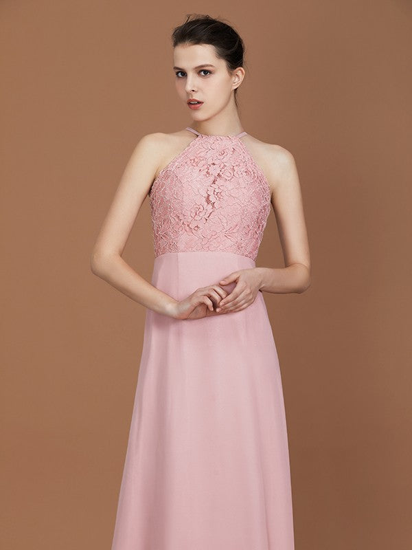 A-Line/Princess Halter Sleeveless Lace Floor-Length Chiffon Bridesmaid Dress