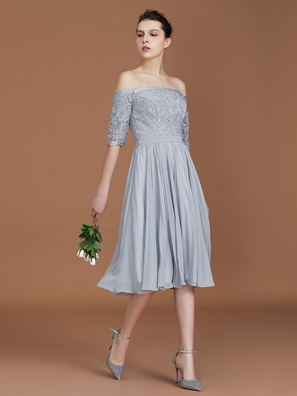 A-Line/Princess Off-the-Shoulder Short Sleeves Lace Tea-Length Chiffon Bridesmaid Dress