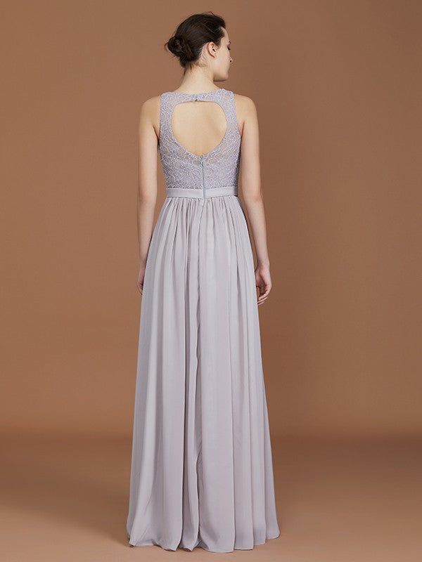 A-Line/Princess Scoop Lace Floor-Length Ruched Chiffon Bridesmaid Dress