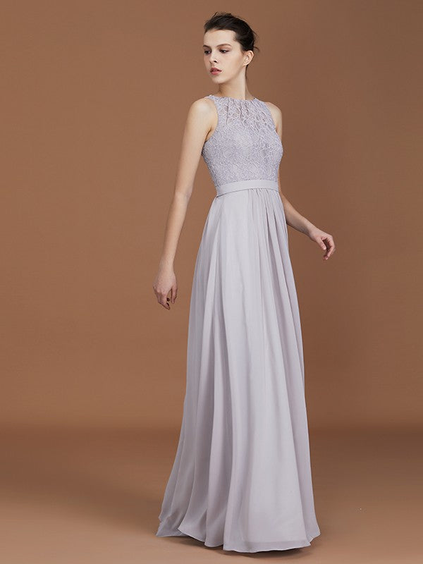 A-Line/Princess Scoop Lace Floor-Length Ruched Chiffon Bridesmaid Dress