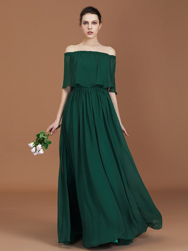 A-Line/Princess Pleats Off-the-Shoulder Floor-Length Chiffon Bridesmaid Dress