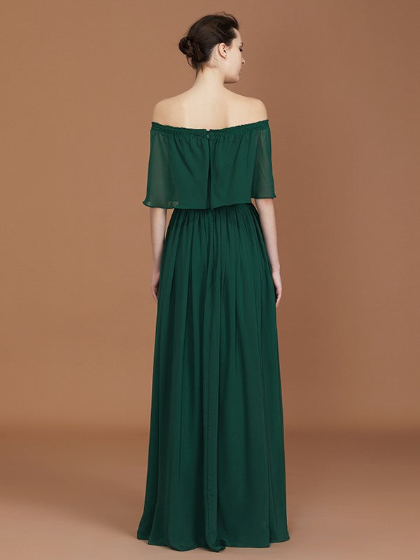 A-Line/Princess Pleats Off-the-Shoulder Floor-Length Chiffon Bridesmaid Dress