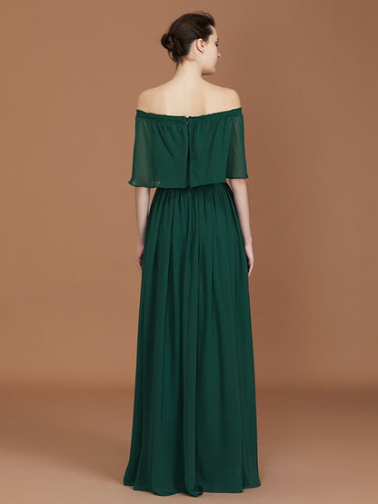 A-Line/Princess Pleats Off-the-Shoulder Floor-Length Chiffon Bridesmaid Dress