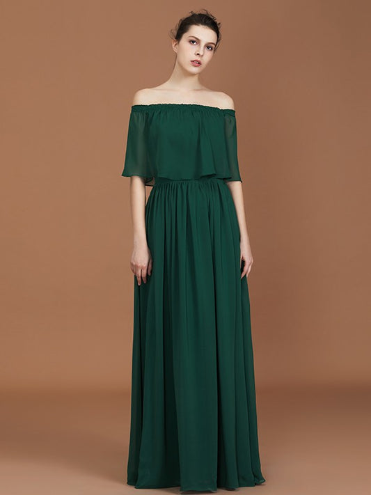 A-Line/Princess Pleats Off-the-Shoulder Floor-Length Chiffon Bridesmaid Dress