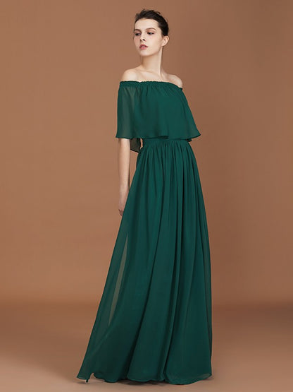 A-Line/Princess Pleats Off-the-Shoulder Floor-Length Chiffon Bridesmaid Dress