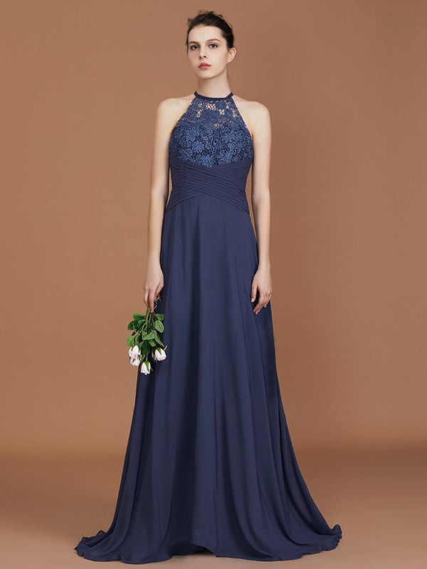 A-Line/Princess Scoop Sleeveless Sweep Train Chiffon Lace Bridesmaid Dress